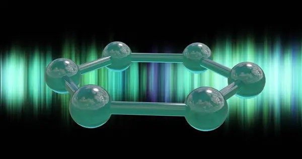 Obraz Mikro Molekuł Nad Zielonymi Ścieżkami Świetlnymi Czarnym Tle Koncepcja — Zdjęcie stockowe