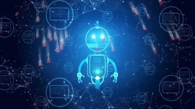 İkili kodlama ve veri işleme ile ai chat robotunun animasyonu. Dijital olarak oluşturulmuş küresel yapay zeka, bağlantılar, hesaplama ve veri işleme kavramı.