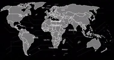 Dijital veri işlemenin animasyonu ve kara arkaplan üzerinde dünya haritası. Dijital olarak oluşturulmuş küresel bağlantılar, hesaplama ve veri işleme kavramı.