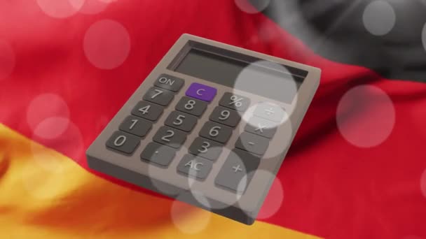 ドイツの旗の上の電卓のアニメーション グローバルファイナンス ビジネス コネクション コンピューティング データ処理コンセプトデジタル生成ビデオ — ストック動画