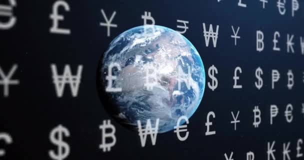 Animation Von Währungssymbolen Und Digitaler Datenverarbeitung Über Den Globus Auf — Stockvideo