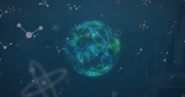 Анимация Сетей Элементов Над Светящимся Земным Шаром Темном Фоне Данные — стоковое видео