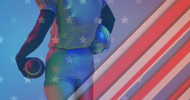 Анімація Афроамериканського Футболіста Ячем Шоломом Прапором Сша Концепція Американського Патріотизму — стокове відео
