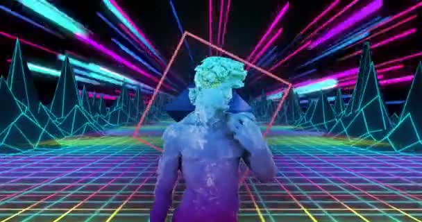 Animation Classical Statue Distorting Digital Landscape Neon Beams Night Sky — Stock Video