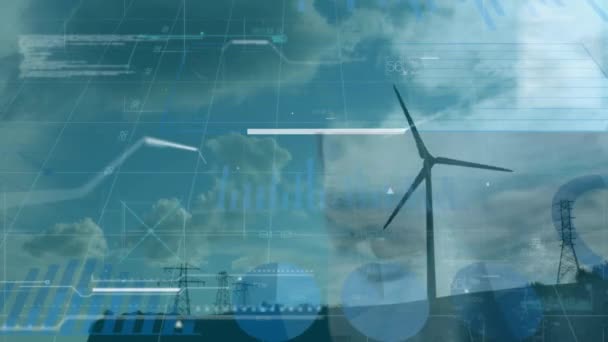 Animação Processamento Dados Diagramas Sobre Turbina Eólica Conceito Ciência Global — Vídeo de Stock