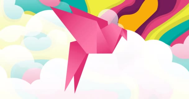 Animation Eines Papiervogels Vor Buntem Hintergrund Abstraktion Muster Und Digitales — Stockvideo