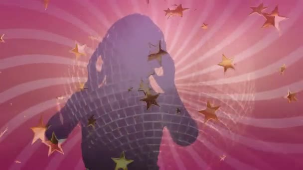 Animation Woman Headphones Dancing Mirror Ball Gold Stars Pink Stripes — Stock Video