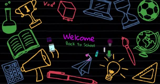 Анимация Приветствия Школьных Учебниках Школьных Принадлежностях Черном Фоне Глобальное Образование — стоковое видео