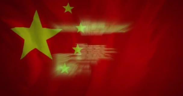 Анимация Обработки Данных Над Флагом Китая Китай Связь Данные Бизнес — стоковое видео