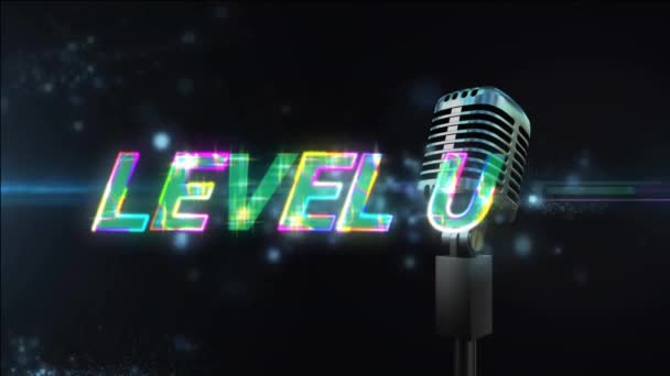 Animation Des Leuchtenden Level Textes Über Retro Mikrofon Auf Spot — Stockvideo