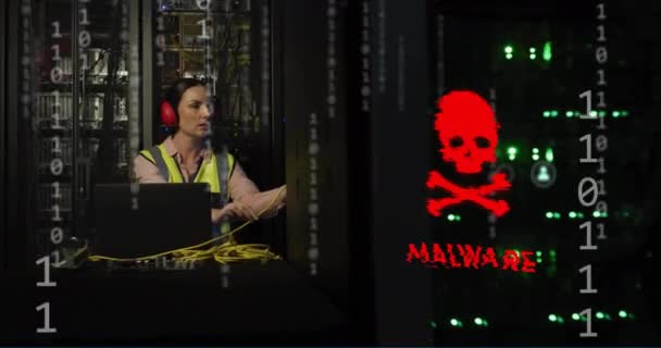 Animation Malware Text Binary Coding Caucasian Female Engineer Computer Servers — Stock Video