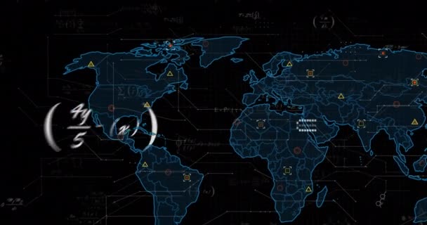 Animace Zpracování Dat Přes Mapu Světa Černém Pozadí Globální Připojení — Stock video