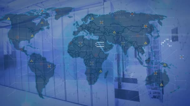 Animace Mapy Světa Nad Serverovou Místností Globální Technologie Výpočetní Technika — Stock video