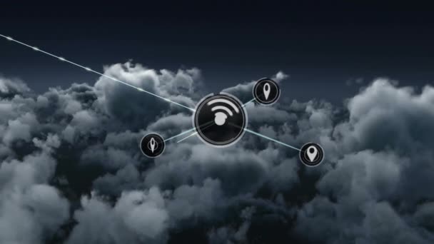 Animacja Sieci Połączeń Ikonami Wifi Nad Chmurami Globalne Połączenia Chmura — Wideo stockowe