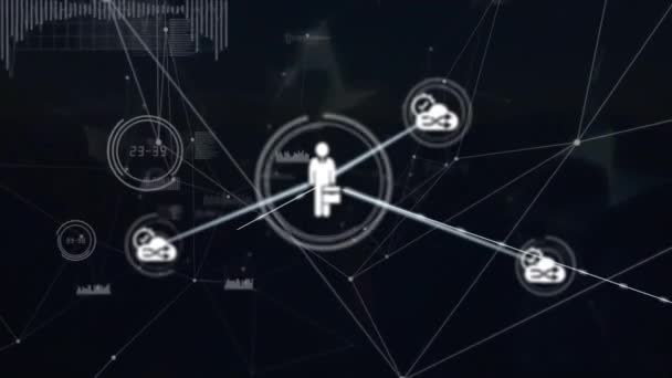 Анімація Мережі Язків Піктограмами Чорному Тлі Глобальні Єднання Обчислення Концепція — стокове відео