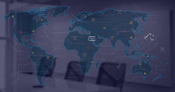 Анімація Обробки Фінансових Даних Карта Світу Столом Офісі Глобальні Фінанси — стокове відео