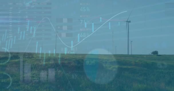 在风力涡轮机上进行财务数据处理的动画 全球环境 计算和数据处理概念 — 图库视频影像