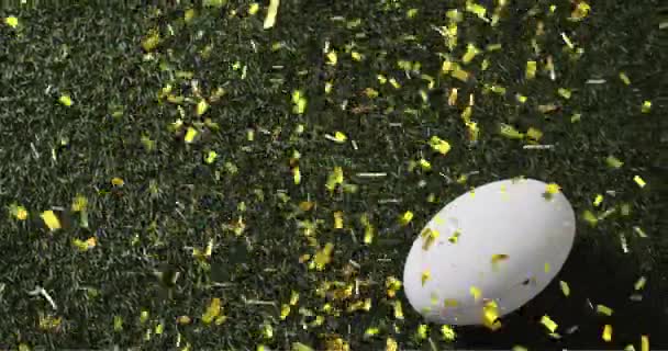 草の上の白いラグビーボールの上の菓子のアニメーション ラグビー スポーツ コンテスト お祝いのコンセプトデジタル生成ビデオ — ストック動画
