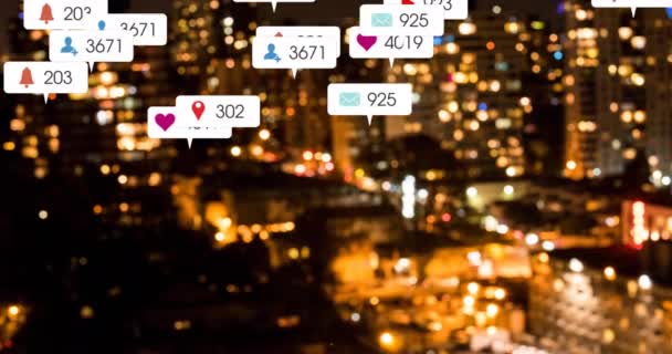 社会媒体形象的动画与越来越多的城市景观 全球社交媒体 通信和数字接口概念 — 图库视频影像