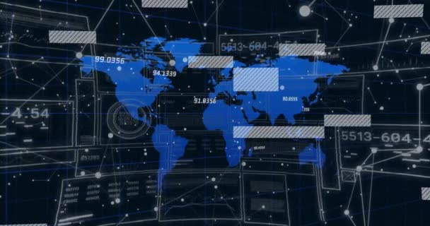 Animacja Diagramów Przetwarzania Danych Mapie Świata Interferencji Globalna Technologia Koncepcja — Wideo stockowe