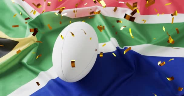 Animación Confeti Sobre Pelota Rugby Blanca Bandera Sudáfrica Rugby Deportes — Vídeo de stock