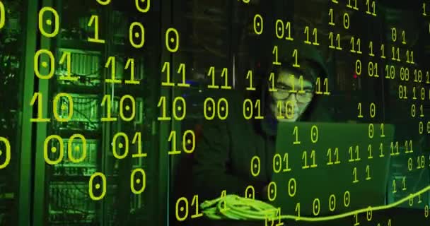 Animation Binary Coding Data Processing Asian Male Hacker Computer Servers — Stock Video