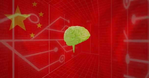 Anakart Ağlarının Animasyonu Porselen Bayrak Üzerinde Dönen Beyin Çince Bağlantı — Stok video
