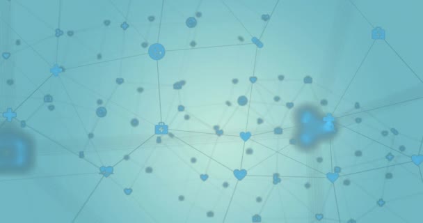 Animacja Sieci Połączeń Ikonami Medycznymi Niebieskim Tle Globalne Połączenia Medycyna — Wideo stockowe