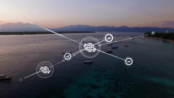 Анімація Мережі Язків Іконками Глобусу Над Ландшафтом Глобальний Бізнес Єднання — стокове відео
