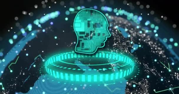 Animação Cabeça Com Processamento Dados Sobre Globo Inteligência Artificial Global — Vídeo de Stock