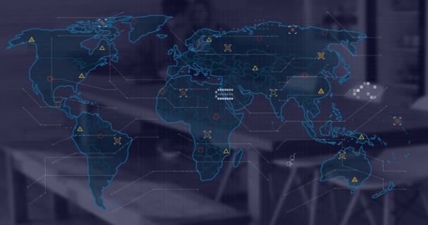 Animation Financial Data Processing World Map Desk Στο Γραφείο Παγκόσμια — Αρχείο Βίντεο