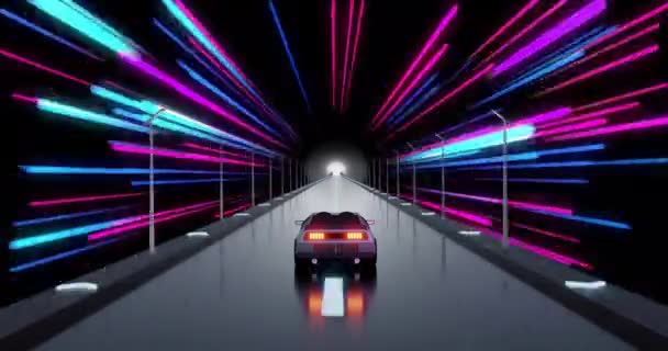 Animation Flashing Blue Pink Light Beams Futuristic Car Driving Tunnel — Stock Video