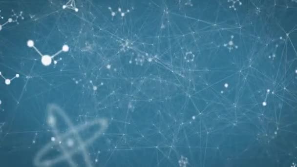 Анімація Молекул Через Мережу Язків Синьому Фоні Глобальна Наука Обчислення — стокове відео