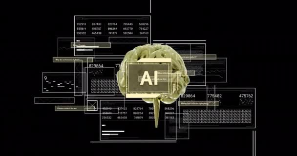 Animación Texto Cerebro Procesamiento Datos Sobre Fondo Negro Inteligencia Artificial — Vídeos de Stock