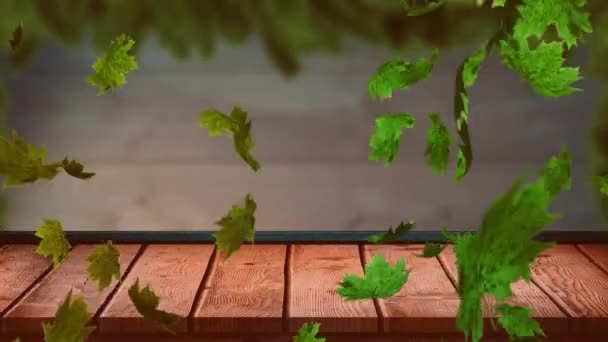Анімація Осіннього Листя Падає Над Дерев Яною Поверхнею Осінь Осінь — стокове відео