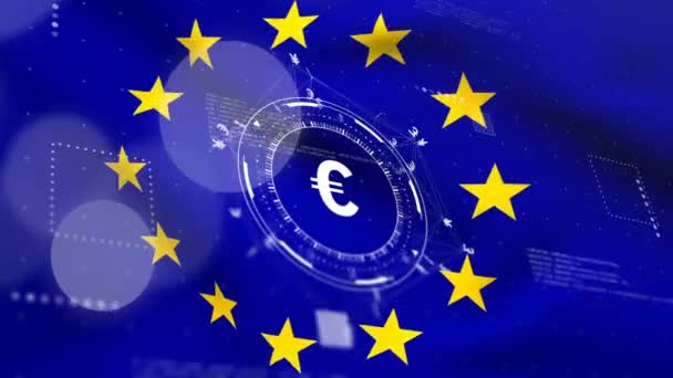 Animación Del Símbolo Del Euro Datos Sobre Bandera Unión Europea — Vídeos de Stock