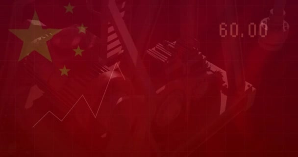中国の旗の上のチャートおよびデータ処理のアニメーション 中国語 データ ビジネス デジタル インターフェイス 技術およびコミュニケーション デジタル生成されたビデオ — ストック動画