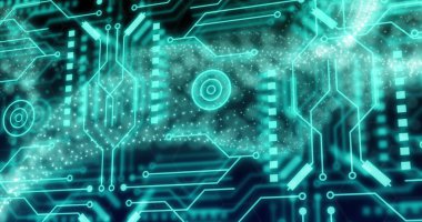 Yeşil ağ resmi, bilgisayar devre kartında veri işleme. Küresel veri işleme, dijital arayüz ve bağlantılar konsepti dijital olarak oluşturulmuş resim.