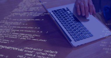 Kahve içen bir dizüstü bilgisayar kullanan adamın yüzen istatistikleri ve grafikleri. eğitim ve öğrenme kavramı dijital olarak oluşturulmuş görüntü.