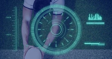 Rugby oynayan beyaz adamın tarama ve veri işleme görüntüsü. Küresel spor ve dijital arayüz kavramı dijital olarak oluşturulmuş görüntü.