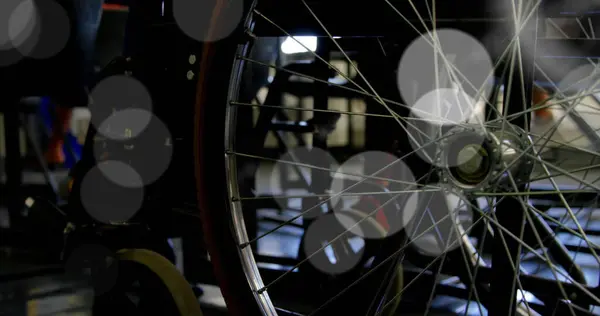 Close Bicycle Wheel Dimly Lit Room Focus Intricate Spokes Adds — Stock Photo, Image
