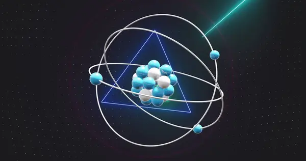 Atom Modellerinin Mikro Görüntüsü Siyah Arkaplan Üzerinde Neon Halkalar Küresel — Stok fotoğraf