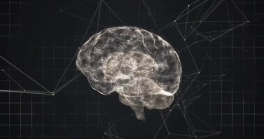 Karanlık arka planda insan beyni ve veri işleme animasyonu. Küresel bilim, araştırma, bağlantılar, hesaplama ve veri işleme kavramı dijital olarak oluşturulmuş video.