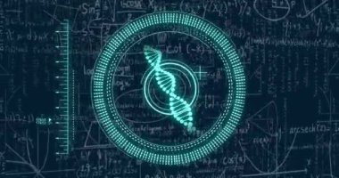 Matematiksel denklemler üzerinde veri işleme ve DNA iplikçiklerinin animasyonu. Küresel iş ve dijital arayüz kavramı dijital olarak oluşturulmuş video.