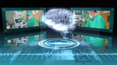 Hastanedeki çeşitli doktorlar üzerinde dönen beyin animasyonu. Küresel bilim ve dijital arayüz kavramı dijital olarak oluşturulmuş video.