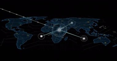 Dünya haritasındaki noktalarla bağlantı ağının animasyonu. Dijital olarak oluşturulmuş küresel bağlantılar, hesaplama ve veri işleme kavramı.