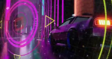 Gece vakti neon şehirde ilerleyen fütüristik arabanın üzerindeki dairesel tarayıcının animasyonu. Bağlantı, veri, ulaşım, sürücüsüz araba, dijital arayüz ve iletişim, dijital olarak oluşturulmuş video.