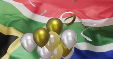Beyaz rugby topu ve Güney Afrika bayrağı üzerinde konfeti ve balon animasyonu. Rugby, spor, yarışma ve kutlama konsepti dijital olarak oluşturulmuş video.