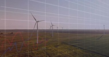 Rüzgar türbinleri üzerinde finansal veri işleme animasyonu. Küresel rüzgar enerjisi, çevre, finans, iş, bağlantılar, hesaplama ve veri işleme kavramı dijital olarak oluşturulmuş video.