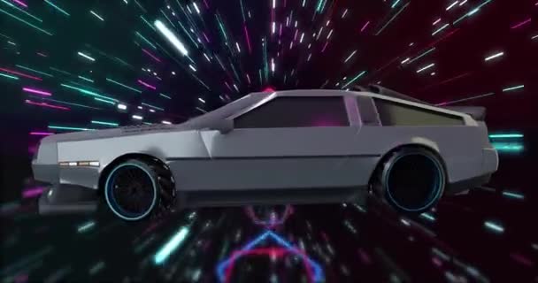 Animacja Futurystycznego Samochodu Obracającego Się Nad Neonowymi Sześciokątami Wiązkami Światła — Wideo stockowe